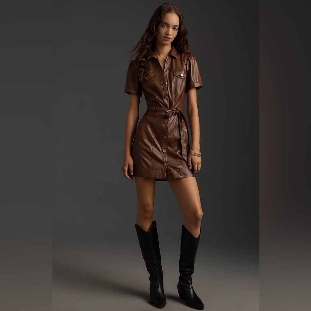 NWT Anthropologie Paige Amina Faux-Leather Short-Sleeve Mini Women's Dress Small